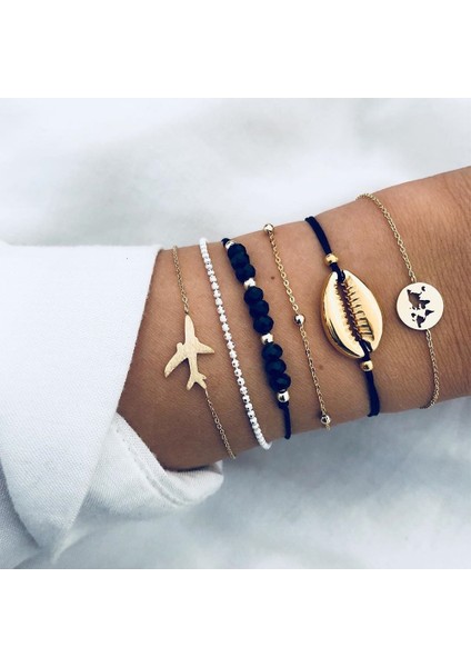 NO.83136 Beden Kadın Bilezik Seti Boho Mücevher Kabuk Kaplumbağa Yaprağı Boncuk Zincir Deri Çok Katmanlı Bilezik Charm Lady Altın Takı Hediye (Yurt Dışından)