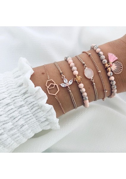 NO.83136 Beden Kadın Bilezik Seti Boho Mücevher Kabuk Kaplumbağa Yaprağı Boncuk Zincir Deri Çok Katmanlı Bilezik Charm Lady Altın Takı Hediye (Yurt Dışından) fiyatları