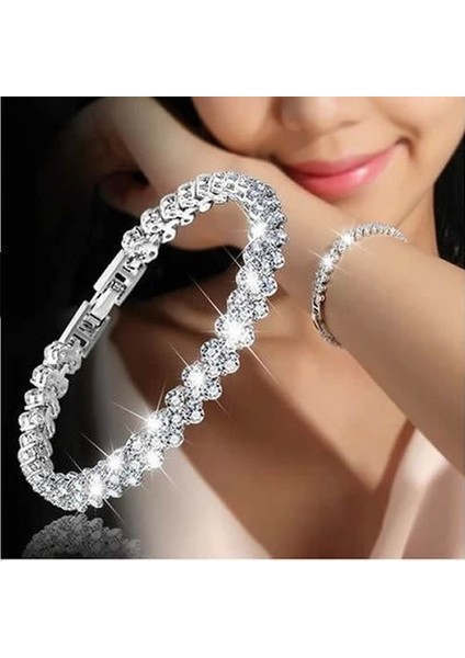 Gümüş Kristal Kadınlar Için Gümüş Renk Gül Altın Bilezik Kadın Kristal Kalp Charm Bilezik Kadınlar Gelin Düğün Güzel Takı Hediye (Yurt Dışından)