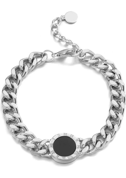 Gümüş Rengi Flashbuy Trendy Romen Rakamları Siyah Yuvarlak Bilezik Kadın Erkek Tıknaz Altın Gümüş Renk Kalın Zincir Bildirimi Takı Genç Hediye (Yurt Dışından)