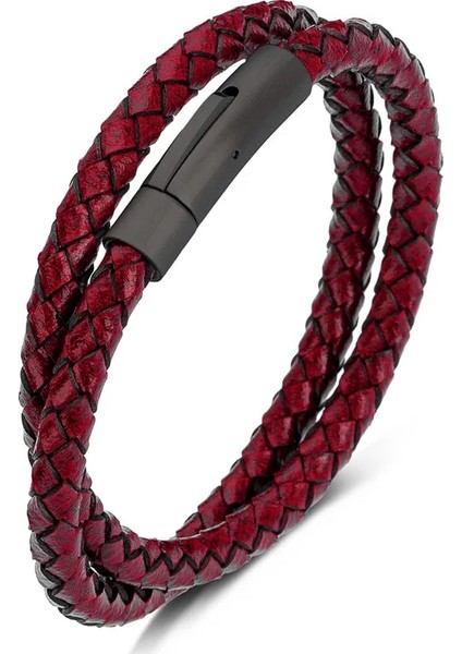 Iç Çevre 200MM Stili SH605-R Vintage Takı Kırmızı Örgülü Hakiki Deri Wrap Bilezik Erkekler Kadınlar Için Bilezik Paslanmaz Çelik Toka Trendy Bileklik P605 (Yurt Dışından)