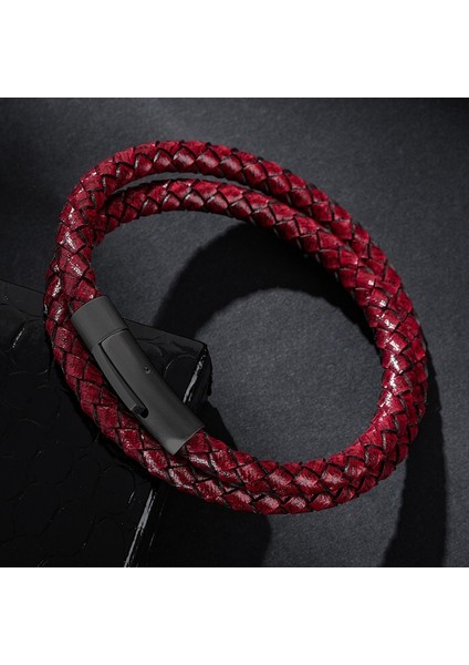 Iç Çevre 200MM Stili SH605-R Vintage Takı Kırmızı Örgülü Hakiki Deri Wrap Bilezik Erkekler Kadınlar Için Bilezik Paslanmaz Çelik Toka Trendy Bileklik P605 (Yurt Dışından)