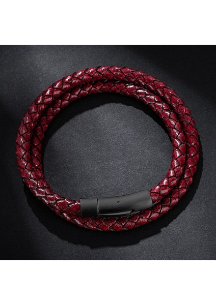 Iç Çevre 200MM Stili SH605-R Vintage Takı Kırmızı Örgülü Hakiki Deri Wrap Bilezik Erkekler Kadınlar Için Bilezik Paslanmaz Çelik Toka Trendy Bileklik P605 (Yurt Dışından)