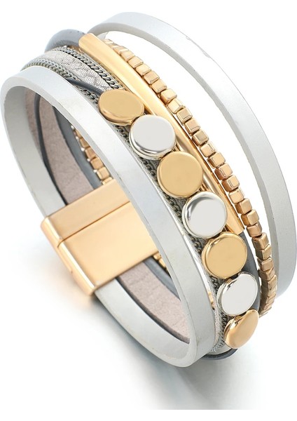 Siyah Amorcome Trendy Metal Tüp Boncuk Kadın Wrap Bilezik Çok Katmanlı Deri Örgülü Bilek Manşet Bilezik Manyetik Toka Takı ile (Yurt Dışından)