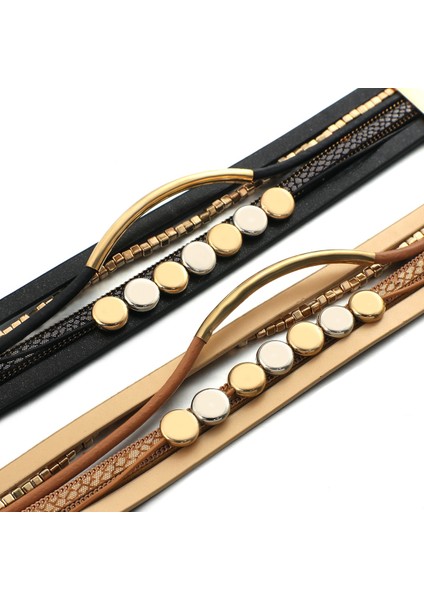 Siyah Amorcome Trendy Metal Tüp Boncuk Kadın Wrap Bilezik Çok Katmanlı Deri Örgülü Bilek Manşet Bilezik Manyetik Toka Takı ile (Yurt Dışından)