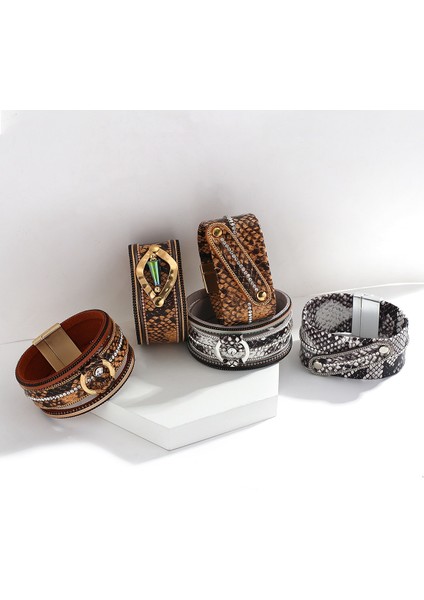 E540292P Allyes Boho Yılan Derisi Deri Bilezik Kadınlar Için Hayvanlar Desen Geniş Wrap Bilezik Kadın Vahşi Leopar Punk Takı Hediyeler (Yurt Dışından)