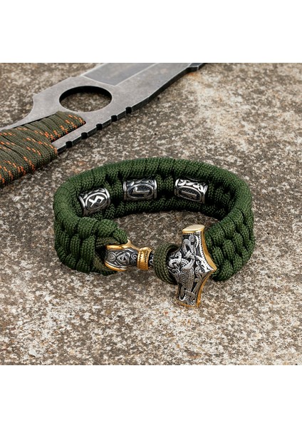 21CM Tarzı Altın Yeşili Viking Runes Thor Çekiç Paslanmaz Çelik Bilezik Erkekler Açık Kamp Hayatta Kalma Halat Bilezik Iskandinav Iskandinav Muska Takı (Yurt Dışından)