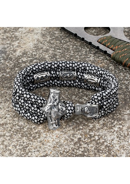 19CM Tarzı Çelik Grisi Vikings Mjolnir Çekiç Survival Bilezikler Erkekler Paslanmaz Çelik Iskandinav Rune Boncuklu Paracord Halat Bileklik El Yapımı Muska Takı (Yurt Dışından)