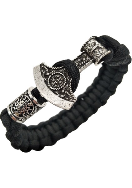 21CM Tarzı Siyah Ip Güneş Kolovrat Muska Sembolü ile Slav Perun Balta Charm Viking Runes Boncuk Erkek Jewlery Vikingos Bilezik (Yurt Dışından)