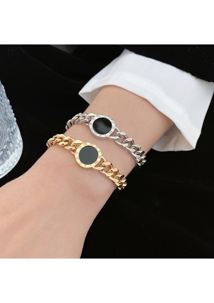 Altın Rengi Flashbuy Trendy Romen Rakamları Siyah Yuvarlak Bilezik Kadın Erkek Tıknaz Altın Gümüş Renk Kalın Zincir Bildirimi Takı Genç Hediye (Yurt Dışından)