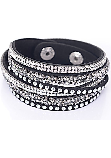 Siyah Miasol Çift Sargı Kadife Deri 3 Sıralı Tam Açacağı Kristal ve Gümüş Perçinli Bileklik Kristal Kız Bilezikler Bracciale (Yurt Dışından)