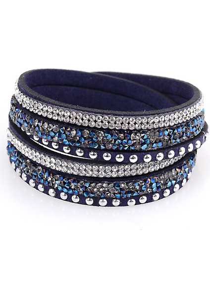 Siyah Miasol Çift Sargı Kadife Deri 3 Sıralı Tam Açacağı Kristal ve Gümüş Perçinli Bileklik Kristal Kız Bilezikler Bracciale (Yurt Dışından) fiyatları