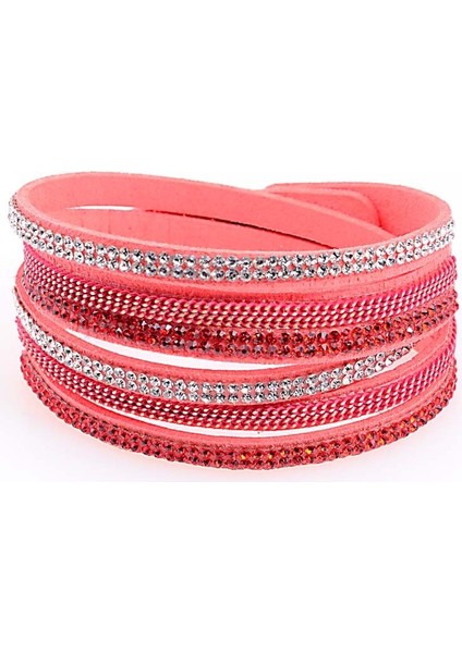 Kırmızı Miasol Çift Sargılı Deri Bileklik Kristal Bling ve Zincir Bileklikler, Tam Kristal B1505 Bling Üç Çok Katmanlı Sargı Bileklikler (Yurt Dışından)