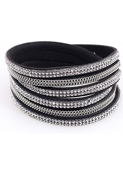 Kırmızı Miasol Çift Sargılı Deri Bileklik Kristal Bling ve Zincir Bileklikler, Tam Kristal B1505 Bling Üç Çok Katmanlı Sargı Bileklikler (Yurt Dışından) modelleri