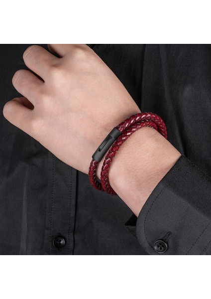 Iç Çevre 210MM Stili SH605-R Vintage Takı Kırmızı Örgülü Hakiki Deri Wrap Bilezik Erkekler Kadınlar Için Bilezik Paslanmaz Çelik Toka Trendy Bileklik P605 (Yurt Dışından)