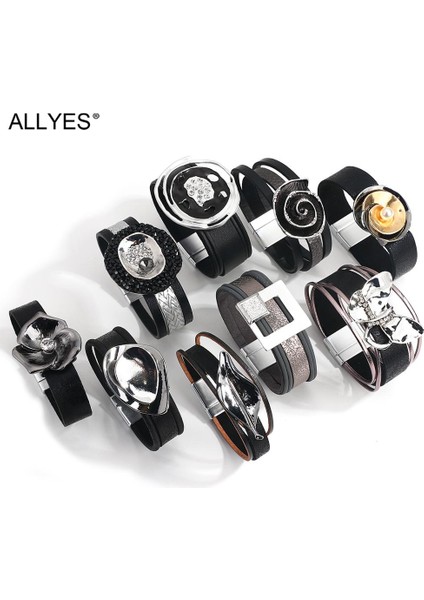 Qiuhong Shop Yaprak Allyes Boho Gun Siyah Deri Bilezikler Kadınlar Için Moda Metal Charm Wrap Bilezik Bileklik Unisex Punk Takı Çift Hediyeler (Yurt Dışından)