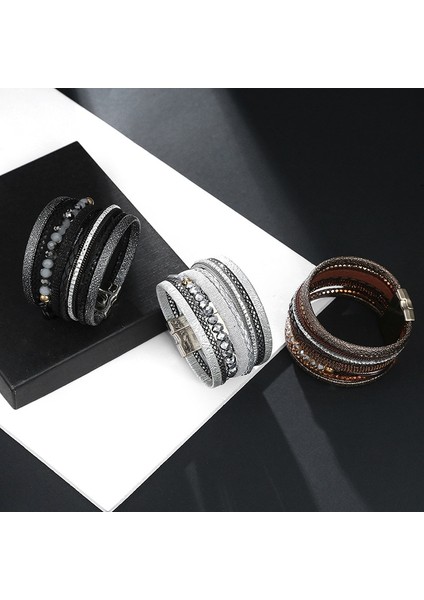 Kahverengi Amorcome Bohem Kristal Boncuklar Kadın Deri Şal Bilezikler Etnik Örgülü Manyetik Toka Bilezikler Pulseras Mujer Mücevherat (Yurt Dışından) fırsatları