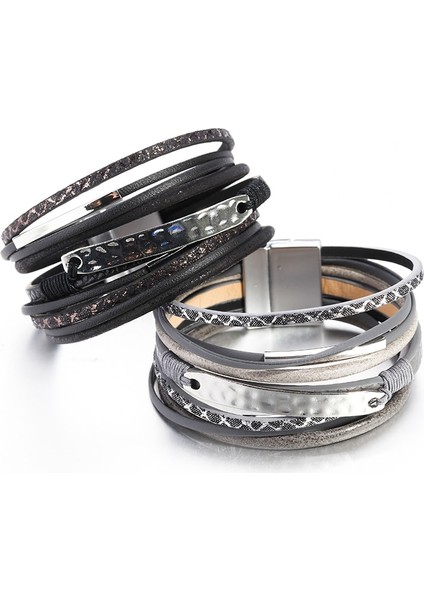 Gri Amorcome Metal Pullu Charm Deri Bilezikler Kadınlar Için Moda Çok Katmanlı Geniş Wrap Bilezik Parti Kulübü Femme Takı (Yurt Dışından) modelleri