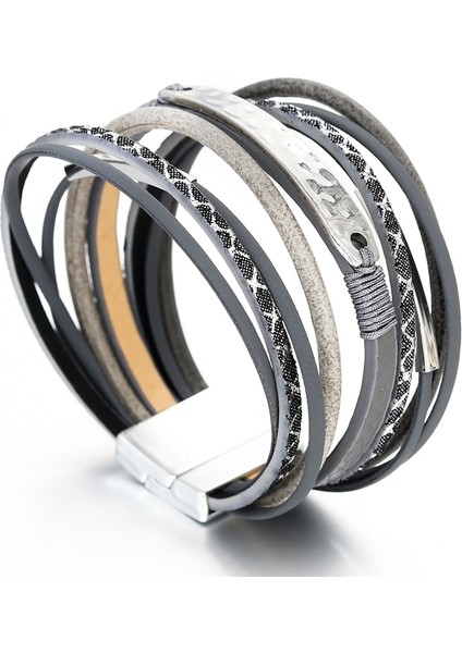 Gri Amorcome Metal Pullu Charm Deri Bilezikler Kadınlar Için Moda Çok Katmanlı Geniş Wrap Bilezik Parti Kulübü Femme Takı (Yurt Dışından) fırsatları