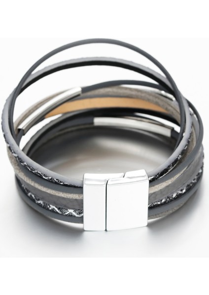 Gri Amorcome Metal Pullu Charm Deri Bilezikler Kadınlar Için Moda Çok Katmanlı Geniş Wrap Bilezik Parti Kulübü Femme Takı (Yurt Dışından) indirimleri