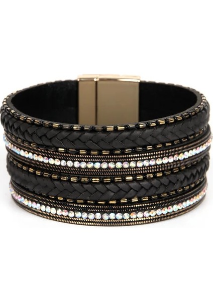 Siyah Amorcome Boho Katmanlı Dokuma Bilezik Yapay Elmas Örgülü Deri Manşet Kadın Şal Bilezik Unisex Bohemian Femme Mücevherat (Yurt Dışından)