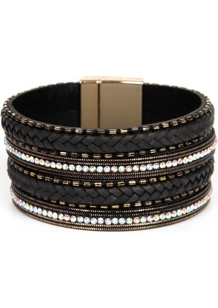 Siyah Amorcome Boho Katmanlı Dokuma Bilezik Yapay Elmas Örgülü Deri Manşet Kadın Şal Bilezik Unisex Bohemian Femme Mücevherat (Yurt Dışından) fırsatları