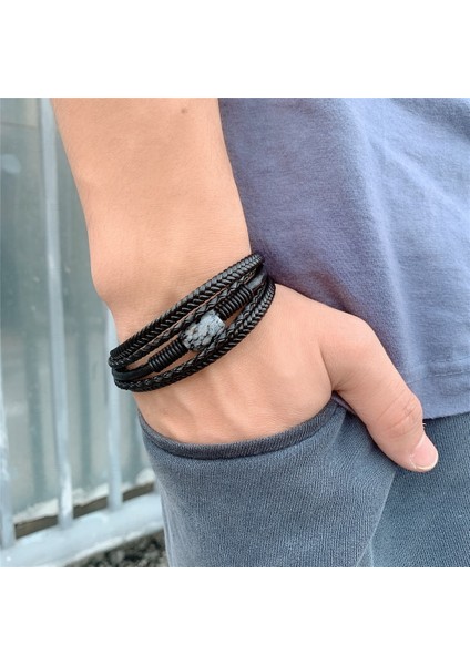 Qiuhong Shop 23CM Tarzı Kaplan Gözü - Siyah Charm Erkek Bilezik Paslanmaz Çelik Manyetik Doğal Taş Deri Boncuklu Braclet Kaymaktaşı Taş Bilezik Bilezik Zincir Hediye (Yurt Dışından)