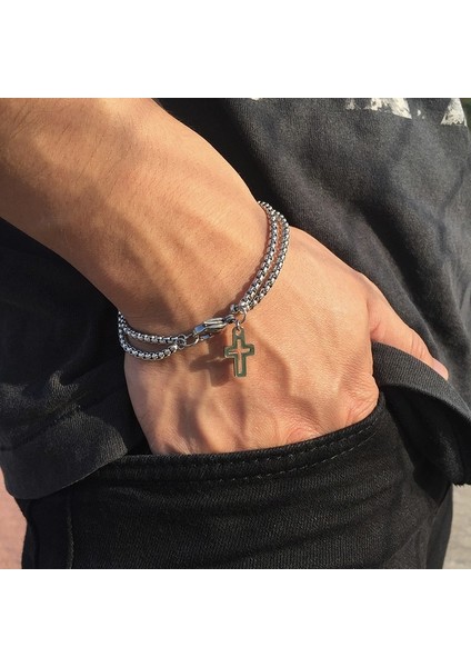 22CM Tarzı Siyah Yeşil Erkekler Paslanmaz Çelik Istakoz Pençe Toka Kapatma Için Çapraz Charms Bilezik ile Çift Strand Rolo Zinciri (Yurt Dışından) fiyatları