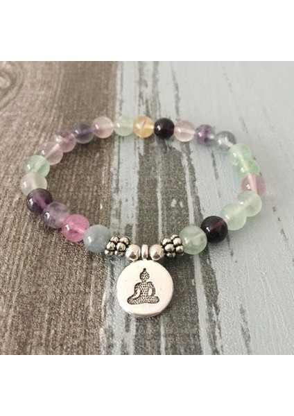 20CM Tarzı Gümüş Buda Bayan Mala Yoga Bilezik Şifa Kristaller Lotus Charms Bilezik ile Streç Doğal Florit Buda Om Bilek Bilezikler (Yurt Dışından)