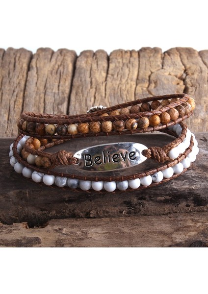 60CM Tarzı Antik Gümüş Kaplama Rh Moda Boho Bileklik Armbander Believe Metal Charm Doğal Taşlar 3 Telli Dokuma Wrap Bilezikler (Yurt Dışından)