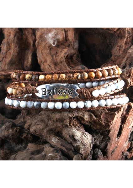 60CM Tarzı Antik Gümüş Kaplama Rh Moda Boho Bileklik Armbander Believe Metal Charm Doğal Taşlar 3 Telli Dokuma Wrap Bilezikler (Yurt Dışından)
