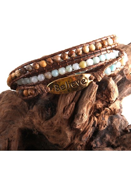 60CM Tarzı Antik Gümüş Kaplama Rh Moda Boho Bileklik Armbander Believe Metal Charm Doğal Taşlar 3 Telli Dokuma Wrap Bilezikler (Yurt Dışından)