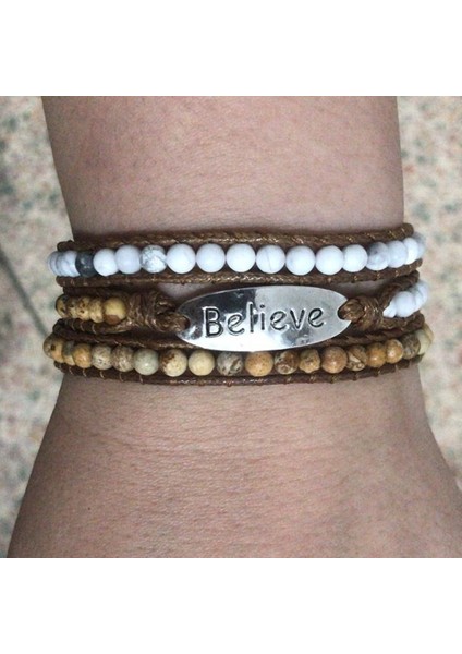 60CM Tarzı Antik Gümüş Kaplama Rh Moda Boho Bileklik Armbander Believe Metal Charm Doğal Taşlar 3 Telli Dokuma Wrap Bilezikler (Yurt Dışından)