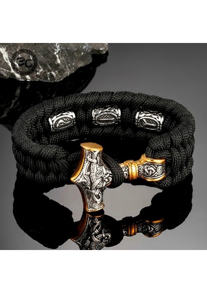 21CM Tarzı Altın Siyah Viking Runes Thor Çekiç Paslanmaz Çelik Bilezik Erkekler Açık Kamp Hayatta Kalma Halat Bilezik Iskandinav Iskandinav Muska Takı (Yurt Dışından)