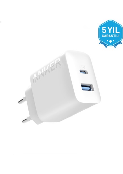 20W USB-C + USB-A Çift Portlu Şarj Cihazı - A2348 - Beyaz (Anker Türkiye Garantili)