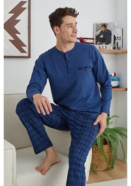 %100 Pamuk Uzun Kol Ekoseli Erkek Pijama Takım 9223