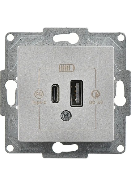 Eqona Radius Neoline 2 Çıkışlı USB Şarj Prizi, 20W, Type C + Type A, Gümüş (Mekanizma + Tuşkapak)