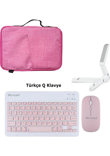 ipad 7-8-9-10. Nesil Tablet Çanta+Türkçe Bluetooth Klavye +Mouse+Tablet Standı-Pembe AL8127