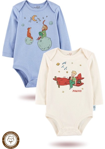 2 Li Organik "minik Prens " Baskılı Uzun Kollu Bebek Body Zıbın Uzun-Mavi-Ekru-12-21