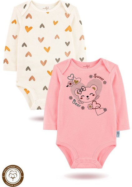 2 Li Organik "sweet Bear" Baskılı Uzun Kollu Bebek Body Zıbın UZUN-PEMBE-KALP-151