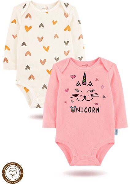 2 Li Organik "unicorn" Baskılı Uzun Kollu Bebek Body Zıbın UZUN-PEMBE-KALP-122