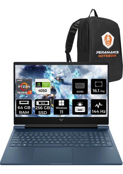 Victus 16 AMD Ryzen 7 7840HS 64GB 256GB SSD RTX4050/6GB 144Hz 16.1" FHD W11H Taşınabilir Bilgisayar & PER4 Çanta 7Z588EAPN385