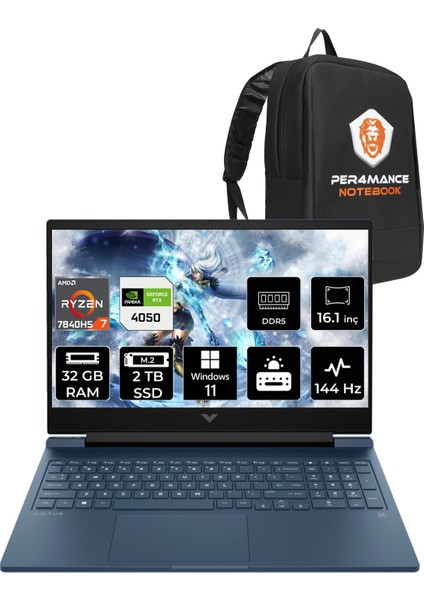 Victus 16 AMD Ryzen 7 7840HS 32GB 2TB SSD RTX4050/6GB 144Hz 16.1" FHD W11H Taşınabilir Bilgisayar & PER4 Çanta 7Z588EAPN370