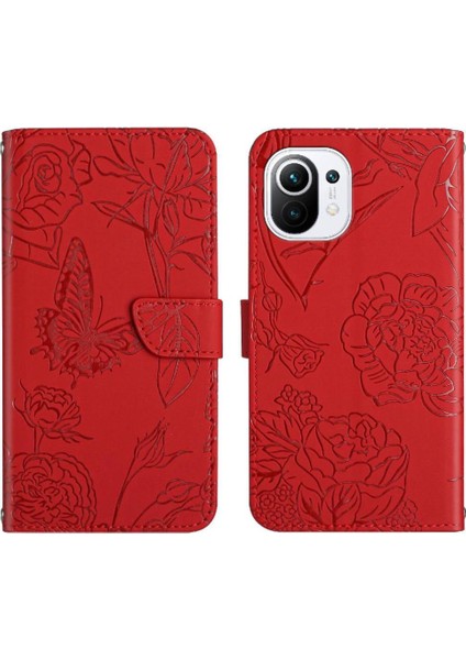 Bilek Kayışı Çiçekler ve Kelebekler Deri ile Xiaomi 11 Lite Için Kılıf (Yurt Dışından)