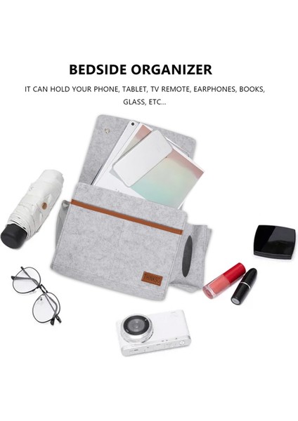 Başucu Düzenleyici, Mendil Kutusu ve Su Şişesi Tutuculu Keçe Yatak Saklama Alanı, Dergili Telefon Tableti - Açık Gri (Yurt Dışından) indirimleri