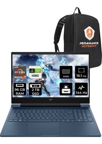 Victus 16 AMD Ryzen 7 7840HS 96GB 2TB SSD RTX4060/8GB 144Hz 16.1" FHD FDOS Taşınabilir Bilgisayar & PER4 Çanta 7Z586EAPN346