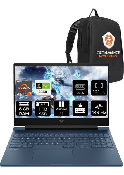 Victus 16 AMD Ryzen 7 7840HS 8GB 1TB SSD RTX4060/8GB 144Hz 16.1" FHD W11P Taşınabilir Bilgisayar & PER4 Çanta 7Z586EAPN399