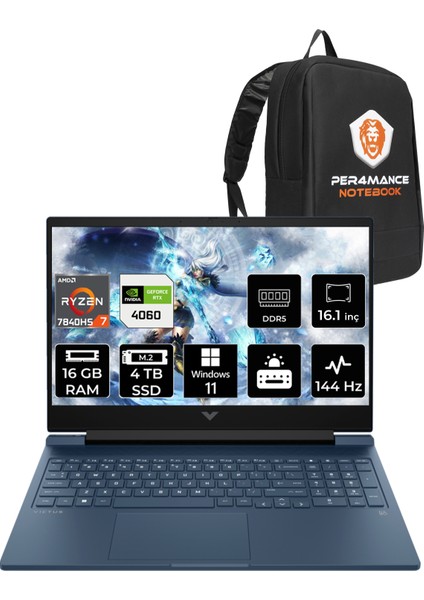 Victus 16 AMD Ryzen 7 7840HS 16GB 2TB SSD + 2TB SSD RTX4060/8GB 144Hz 16.1" FHD W11P Taşınabilir Bilgisayar & PER4 Çanta 7Z586EAPN407