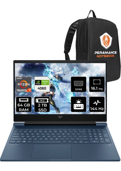 Victus 16 AMD Ryzen 7 7840HS 64GB 2TB SSD RTX4060/8GB 144Hz 16.1" FHD FDOS Taşınabilir Bilgisayar & PER4 Çanta 7Z586EAPN340