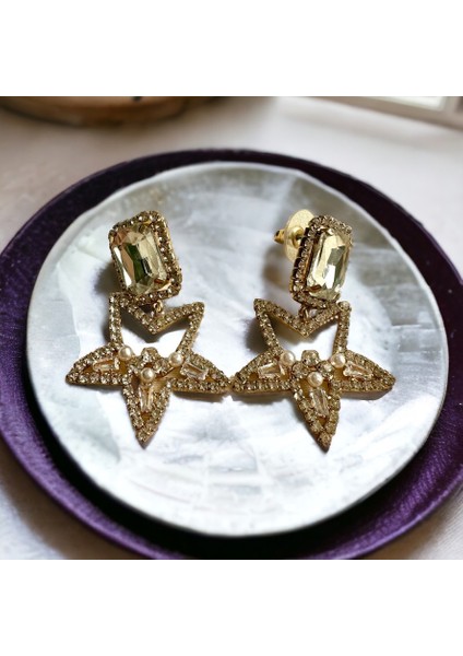 Kadın Gold Renk Zirkon Taşlı Iç Kısmı Incili Yıldız Küpe